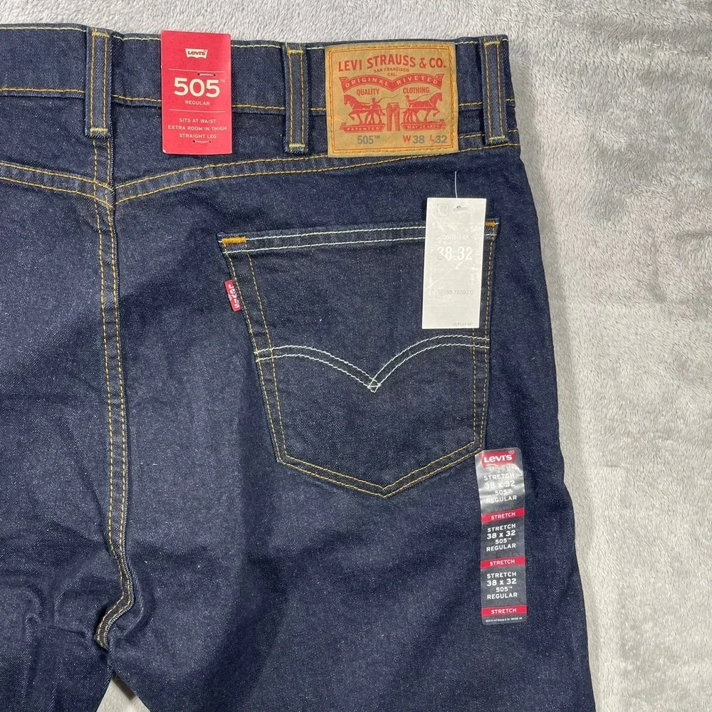 Levi's 505 Regular Fit Jeans Mens 38x32 Dark Indigo Stretch Straight Leg